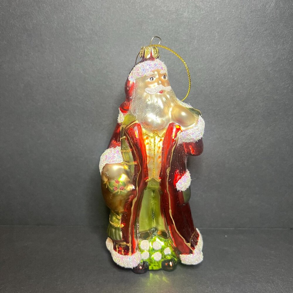 Vintage Large Hand Painted Glitter Blown Glass Santa Claus Christmas Ornament 6"